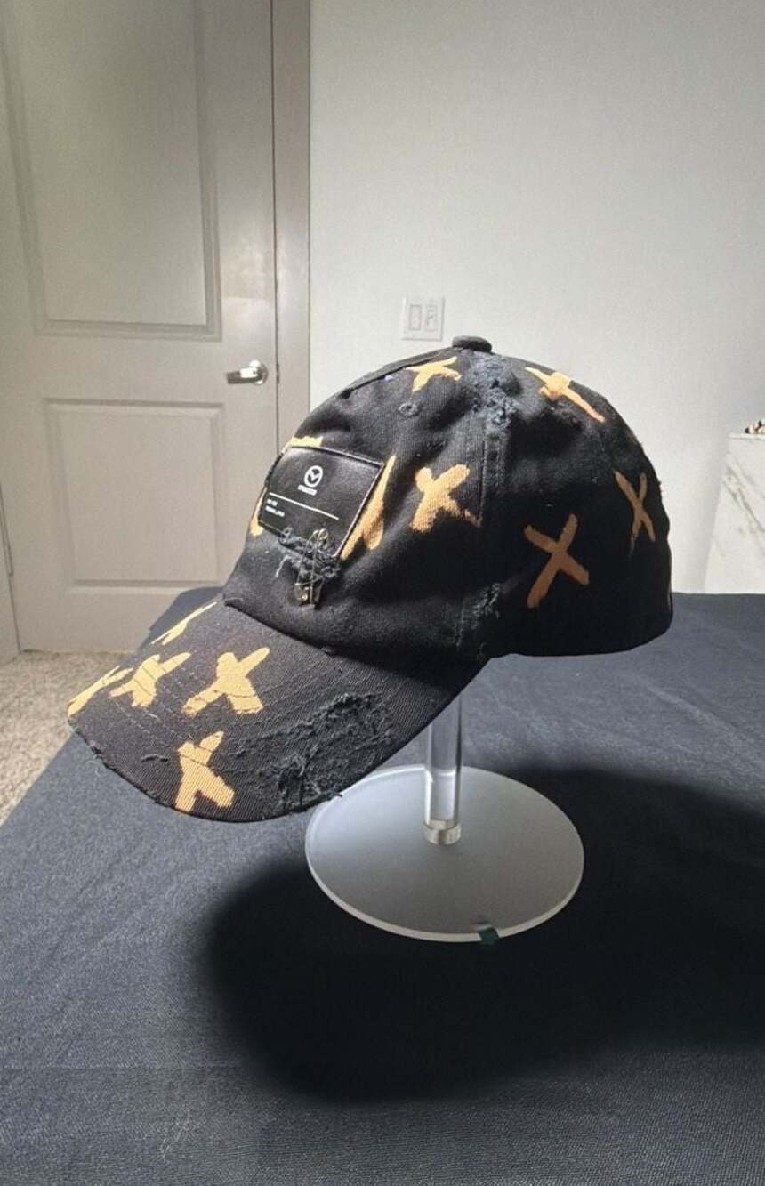 Mazda Distressed Cross-Print Baseball Cap with Safety Pin Detail